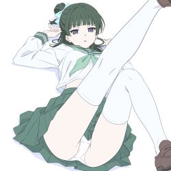 1girl alternate_costume arms_up ass blunt_bangs bow collar commentary english_commentary from_below green_collar green_hair green_neckerchief green_skirt hair_bow hair_bun highres hitorigoto kusuriya_no_hitorigoto legs legs_up loafers looking_at_viewer lying maomao_(kusuriya_no_hitorigoto) maowxa midriff_peek neckerchief no on_back open_mouth over-kneehighs panties pantyshot pleated_skirt purple_eyes sailor_collar school_uniform serafuku shirt shoes single_hair_bun skirt solo thighhighs thighs underwear upskirt white_panties white_shirt