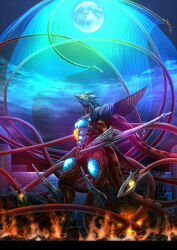 arm_blade bioluminescence blood building city colored_blood daiei_film destruction energy energy_ball fire full_moon gamera gamera_(series) gamera_3:_revenge_of_iris giant giant_monster glowing glowing_eyes green_blood green_eyes hisha_maru injury iris_(gamera) kaiju lying membrane monster moon night no_humans on_back open_mouth sea_monster sharp_teeth smoke teeth tentacles tongue turtle tusks variant_set weapon yellow_eyes