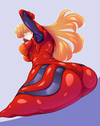 1girl :o alternate_breast_size armpits armpits_through_clothes arms_up ass ass_focus ass_press blue_eyes blush bodysuit bouncing_ass brown_hair curvy falling female_focus from_below glasses huge_ass inconvenient_ass long_hair looking_at_viewer looking_back mecha_pilot_suit neon_genesis_evangelion pixiv1478062 plugsuit_(evangelion) red_bodysuit shiny_clothes skin_tight solo souryuu_asuka_langley thick_thighs thighs two_side_up wide_hips
