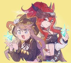 2girls :d animal_ears arknights bare_shoulders black_jacket black_ribbon blurry blush brown_hair chinese_commentary chromatic_aberration closed_mouth commentary_request crop_top cropped_torso crossed_bangs crystal excited eyes_visible_through_hair fang hair_between_eyes highres holding holding_crystal hood hood_up hooded_jacket jacket long_hair magic midriff multiple_girls narantuya_(arknights) navel neck_ribbon open_mouth orange_eyes pepe_(arknights) red_hair ribbon simple_background smile yellow_background zhangtui_de_luobu