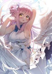 Rule 34 | 1girl, absurdres, angel wings, arm behind head, armpits, blue archive, blue bow, blue flower, blue ribbon, blush, bow, breasts, collarbone, dress, feathered wings, flower, frilled dress, frilled ribbon, frills, glint, hair bun, hair flower, hair flowing over, hair ornament, hair ribbon, halo, highres, keureu (tiqkdtiqkd10), large breasts, long hair, low wings, mika (blue archive), open mouth, pantyhose, pink hair, ribbon, sideboob, simple background, single side bun, sleeveless, sleeveless dress, solo, teeth, underbust, very long hair, white background, white dress, white pantyhose, white ribbon, white wings, wing ornament, wings, yellow eyes