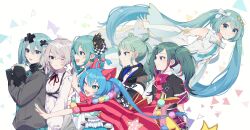 25-ji_miku 6+girls ahoge animal_ear_fluff animal_ears aqua_eyes aqua_hair aqua_nails batsu_miku black_choker blush bow cat_ears checkered_bow checkered_clothes choker clown commentary detached_sleeves double_bun dress green_eyes grey_hair grey_jacket hair_between_eyes hair_bow hair_bun hair_ornament hair_over_one_eye hatsune_miku highres hiramado_miku jacket kowareta_sekai_to_utaenai_miku leo/need_miku long_hair long_sleeves looking_at_another looking_at_viewer miku_day mitsumine_(ookami_no_oyashiro) more_more_jump!_miku multiple_girls official_alternate_costume official_alternate_hairstyle open_mouth project_sekai red_bow red_dress school_uniform shirt short_sleeves sleeveless sleeveless_dress smile spoilers symbol-only_commentary turtleneck turtleneck_jacket twintails very_long_hair vivid_bad_squad_miku vocaloid white_bow white_shirt wide_sleeves wonderlands_x_showtime_miku x_hair_ornament