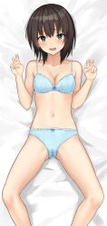 1girl absurdres aqua_eyes armpit_crease black_hair blue_bra blue_panties blush bow bow_bra bow_panties bowlegged_pose bra breasts cameltoe cleavage collarbone commentary_request crotch_seam dot_nose double_v embarrassed feet_out_of_frame hands_up highres itsuki_nofuji looking_at_viewer lying medium_breasts medium_hair navel on_back on_bed open_mouth original panties raised_inner_eyebrows smile solo spread_legs stomach underwear underwear_only v variant_set