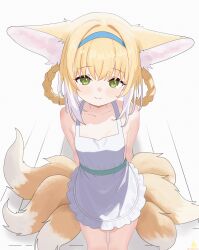 1girl absurdres animal_ears apron arknights arms_behind_back blonde_hair blue_hairband blush braid closed_mouth collarbone commentary frilled_apron frills green_eyes hair_rings hairband highres looking_at_viewer multicolored_hair multiple_tails naked_apron priquetrum short_hair smile solo split_mouth streaked_hair suzuran_(arknights) tail white_apron white_background white_hair