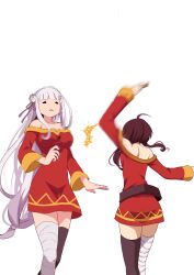 Rule 34 | 2girls, alternate costume, asymmetrical legwear, bare back, belt, black hair, blunt bangs, bow, braid, commentary request, cosplay, crown braid, dress, emilia (re:zero), gradient hair, grey hair, hair bow, hair ribbon, highres, kono subarashii sekai ni shukufuku wo!, long hair, long sleeves, looking at another, megumin, megumin (cosplay), mismatched legwear, multicolored hair, multiple girls, petals, re:zero kara hajimeru isekai seikatsu, red dress, ribbon, short hair, sidelocks, simple background, single braid, slapping breasts, takahashi rie, voice actor connection, white background, yasehattagi