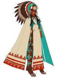 1boy black_eyes blue_hair braid cloak commentary dark-skinned_male dark_skin dated_commentary edarow fake_horns full_body headdress hoof_shoes horned_headwear horns long_hair male_focus native_american native_american_headdress original pelvic_curtain simple_background solo standing symbol-only_commentary twin_braids white_background
