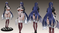 Rule 34 | 3d, apron, ass, blue eyes, breasts, frills, from behind, full body, gradient background, highres, huge breasts, leslyzerosix, long hair, mahou shoujo (raita), panties, puffy sleeves, shiny skin, side-tie panties, suzuhara misae, thigh gap, thighhighs, underwear, very long hair, wide hips