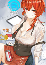 absurdres blush breasts cowboy_shot diluc_(genshin_impact) diluc_(kfc)_(genshin_impact) dishes employee_uniform fast_food fast_food_uniform food french_fries genderswap genderswap_(mtf) genshin_impact highres kfc large_breasts low_ponytail ponytail red_eyes red_hair see-through_clothes solo tian_kazuki tray wet wet_clothes