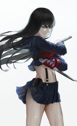 1girl absurdres black_hair blue_eyes blue_sailor_collar blue_shirt blue_skirt closed_mouth clothes_lift commentary_request cowboy_shot crop_top dagger dual_wielding fingerless_gloves floating_hair gloves highres holding holding_dagger holding_knife holding_sword holding_weapon katana kill_la_kill kiryuuin_satsuki knife long_hair long_sleeves looking_at_viewer navel pleated_skirt red_gloves ryo_(r9030397) sailor_collar school_uniform senketsu serafuku shirt simple_background single_glove skirt skirt_lift solo standing suspenders sword thick_eyebrows v-shaped_eyebrows very_long_hair weapon white_background wind wind_lift