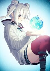 benbe double_bun eyepatch globe hair_bun hair_ornament heaven_burns_red highres long_sleeves medium_hair one_eye_covered pleated_skirt red_eyes skirt smile sweater textless_version thighhighs twintails white_hair white_sweater yamawaki_bon_ivar