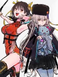 2girls armor black_hair breasts brown_hair charlotta_skopovskaya chest_harness china_dress chinese_clothes commentary_request dress fur_hat grey_hair hair_ribbon harness hat heaven_burns_red highres holding kulfiq large_breasts li_yingxia long_hair multiple_girls orange_eyes pelvic_curtain ribbon shoulder_armor side_slit sleeveless stuffed_animal stuffed_toy thighhighs ushanka white_background yellow_eyes yellow_ribbon