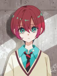 1girl amate_yuzuriha blue_eyes blue_shirt brown_sweater closed_mouth collared_shirt commentary_request diagonal-striped_clothes diagonal-striped_necktie gundam gundam_gquuuuuux hair_between_eyes looking_at_viewer necktie red_hair rino_cnc shirt short_hair solo striped_clothes sweater twitter_username upper_body