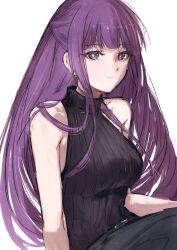1girl blunt_bangs breasts closed_mouth fern_(sousou_no_frieren) grey_pants hair_over_shoulder highres large_breasts moku_(muooku) pants purple_eyes purple_hair shirt simple_background sitting sleeveless sleeveless_shirt solo sousou_no_frieren turtleneck turtleneck_shirt upper_body white_background
