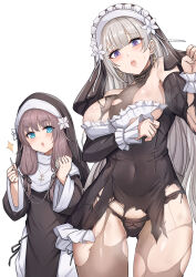 Rule 34 | 2girls, black dress, black panties, black pantyhose, black veil, blue eyes, blush, breasts, brown hair, cleavage, covered navel, dress, haanja (sinisistar), highres, holding, holding needle, holding sewing needle, large breasts, lelia (sinisistar), long hair, multiple girls, needle, nun, open mouth, panties, pantyhose, sewing needle, sinisistar, sinisistar 2, skirt, thighs, thread, torn clothes, torn dress, torn pantyhose, underwear, veil, white hair, white skirt, yarn, yarn ball, yougenko