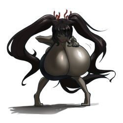 Rule 34 | 1girl, black hair, black skin, breasts, closed eyes, colored skin, commission, female focus, fox girl, fox girl (suxihn), fox tail, gigantic breasts, hanging breasts, highres, long hair, original, penne bust, shiny skin, solo, tail, twintails, white background