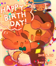 1girl 1other ;d akibevillage arrow_(symbol) bow bowtie brown_capelet brown_hair brown_hat capelet chibi chibi_on_head commentary_request confetti cookie_run cookie_run:_ovenbreak dated english_text green_bow green_bowtie grid_background hat heart highres holding junior_sleuth_ted long_sleeves looking_at_viewer no_pupils on_head one_eye_closed open_mouth orange_background roguefort_cookie shirt simple_background smile solo_focus star_(symbol) upper_body walnut_cookie white_shirt
