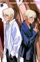 Rule 34 | 1girl, 2boys, ace attorney, aged down, alternate costume, amikoiiko, apollo justice: ace attorney, belt, black pants, black shirt, blonde hair, blue belt, blue eyes, brown hair, collarbone, cowboy shot, dark-skinned male, dark skin, dress shirt, drill hair, earrings, ema skye, english text, fingernails, hand in pocket, highres, index finger raised, initial, jewelry, klavier gavin, light smile, long hair, looking at viewer, looking to the side, medium hair, middle ring, multiple boys, multiple rings, nsync, pants, pink lips, portrait, profile, ring, shirt, short hair, simple background, single earring, song name, sternocleidomastoid muscle, thumb ring, time paradox, undershirt, wallet chain, white background, white shirt