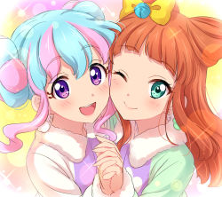 Rule 34 | 10s, 2girls, :d, aikatsu! (series), aikatsu stars!, bell, blue eyes, blue hair, blush, bow, brown hair, cone hair bun, double bun, donut hair bun, earrings, eyelashes, fur trim, hair bell, hair bow, hair bun, hair ornament, hanazono kirara, highres, holding hands, interlocked fingers, jewelry, jingle bell, long hair, long sleeves, looking at viewer, multicolored hair, multiple girls, one eye closed, open mouth, pink hair, purple eyes, saotome ako, sekina, smile, sparkle, two-tone hair