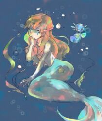 1girl bikini breasts earrings gen_1_pokemon green_eyes hair_ornament horsea jewelry long_hair looking_at_another mermaid mermaid_costume mermaid_misty_(pokemon) misty_(pokemon) monster_girl navel necklace nintendo orange_hair pokemon pokemon_(anime) pokemon_(classic_anime) seashell shell shell_bikini small_breasts swimsuit tarettoki underwater