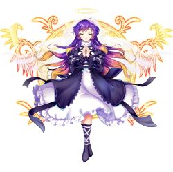 Rule 34 | 1girl, black dress, blonde hair, boots, closed eyes, cross-laced clothes, cross-laced dress, dress, embellished costume, facing viewer, falling feathers, feathers, game cg, glowing feather, gradient hair, halo, highres, hijiri byakuren, layered dress, long hair, long sleeves, magic circle, multicolored hair, non-web source, official art, open mouth, own hands together, purple hair, rotte (1109), see-through clothes, see-through veil, solo, third-party source, touhou, touhou lostword, transparent background, veil, very long hair, white dress, white veil, yellow halo