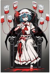 1girl absurdres ascot bat_wings blood blood_bag blood_on_clothes blood_on_face blue_hair bone clenched_teeth collared_shirt dress drinking_blood fang frilled_dress frilled_shirt_collar frills guro hat hat_ribbon highres looking_at_viewer mob_cap on_chair red_ascot red_eyes red_ribbon remilia_scarlet ribbon ryoan_(voyagehermitage) shirt sitting solo teeth touhou white_dress wings