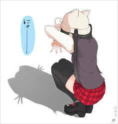 Rule 34 | 1girl, beanie, black hair, black shoes, black thighhighs, cat shadow puppet (meme), from behind, full body, hat, highres, idolmaster, idolmaster shiny colors, long hair, long sleeves, meme, mitsumine yuika, plaid clothes, plaid skirt, shadow, shoes, signature, skirt, solo, sweater vest, thighhighs, translated, twintails, white background, ywr, zettai ryouiki