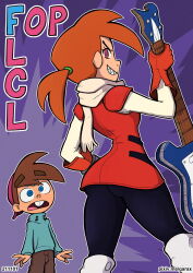 Rule 34 | 1girl, age difference, animification, ass, brown hair, cosplay, flcl, garabato, haruhara haruko (cosplay), highres, nandaba naota (cosplay), the fairly oddparents, timmy turner, vicky (fairly oddparents)