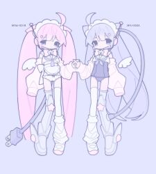 2girls absurdres ahoge android animal_ears apron bad_id bad_twitter_id blue_background blue_eyes blue_hair blue_one-piece_swimsuit cable cable_tail cat_ears crop_top detached_sleeves detached_wings fpwrs frilled_apron frills full_body headset highres holding_hands leg_armor long_hair looking_at_viewer loose_socks maid_headdress mechanical_tail multiple_girls one-piece_swimsuit original panties pink_hair socks standing swimsuit tail thighhighs twintails underwear very_long_hair white_apron white_footwear white_panties white_thighhighs white_wings wings