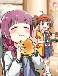 2girls :d :t ahoge bandaid bandaid_on_knee bandaid_on_leg black_nails black_necktie blurry blurry_background blush bocchi_the_rock! braid brown_hair burger cheese collared_shirt eating food food_on_face french_fries hair_over_one_eye haori happi happy headset hiroi_kikuri holding holding_food imadake_dabuchi_tabemi jacket japanese_clothes mcdonald&#039;s multiple_girls necktie open_happi open_mouth pinstripe_pattern pinstripe_shirt purple_hair restaurant shirt short_sleeves shorts single_braid smile torako_(toramaru) tray twintails visor_cap walking