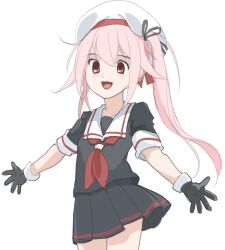 Rule 34 | 1girl, beret, black gloves, black serafuku, black shirt, black skirt, dress, emuwai, gloves, hair flaps, hair ribbon, harusame (kancolle), hat, kantai collection, neckerchief, one-hour drawing challenge, outstretched arms, pink hair, pleated dress, red eyes, red neckerchief, ribbon, sailor collar, sailor hat, sailor shirt, school uniform, serafuku, shirt, side ponytail, simple background, skirt, smile, solo, white background, white hat, white sailor collar