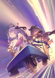 2girls animal_ear_fluff animal_ears animal_hood artist_name asymmetrical_gloves black_gloves black_tiara boots castorice_(honkai:_star_rail) cat_ears cat_girl cat_hood cipher_(honkai:_star_rail) closed_eyes dahuang dated elbow_gloves fingerless_gloves gloves highres honkai:_star_rail honkai_(series) hood multiple_girls open_mouth purple_gloves running sitting smile tiara uneven_gloves