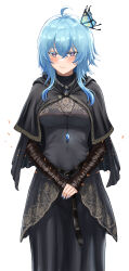 1girl absurdres ahoge ayloss black_dress blue_hair blue_nails blush breasts closed_mouth colored_eyelashes commentary_request cosplay cowboy_shot dress fingernails fire_keeper fire_keeper_(cosplay) hair_between_eyes hair_ornament highres jewelry large_breasts long_hair looking_at_viewer nail_polish necklace own_hands_together purple_eyes shorekeeper_(wuthering_waves) simple_background smile solo white_background wuthering_waves