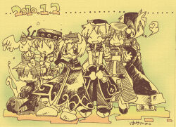 1girl 2000s_(style) 5boys armor assassin_cross_(ragnarok_online) bird biretta brown_theme cape cigarette closed_eyes closed_mouth commentary_request dated double_bun falcon full_body fur-trimmed_shirt fur_trim hair_bun hasenyo hat headphones high_priest_(ragnarok_online) high_wizard_(ragnarok_online) holding holding_staff looking_at_viewer lord_knight_(ragnarok_online) monochrome multiple_boys open_mouth pauldrons ragnarok_online sash scarf shirt shoes shoulder_armor sleeveless sleeveless_shirt smile smoking sniper_(ragnarok_online) staff