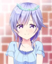 1girl absurdres blue_dress blue_flower blurry blurry_background blush brick_wall closed_mouth collarbone commentary_request dress flower flower_wreath hair_between_eyes happy head_wreath highres long_hair looking_at_viewer miraikanai mizuori_shizuku purple_eyes purple_hair ringed_eyes short_sleeves smile solo split_mouth straight-on summer_pockets upper_body