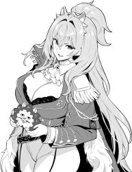 1girl aiguillette ascot azur_lane azur_lane:_slow_ahead black_bra black_garter_straps bra breasts cleavage commentary_request crossed_bangs epaulettes fang garter_straps greyscale hair_intakes high_ponytail highres hori_(hori_no_su) huge_breasts lace lace-trimmed_bra lace_trim lion_(azur_lane) long_hair long_sleeves looking_at_viewer military_uniform monochrome official_art ponytail simple_background single_epaulette solo underwear very_long_hair white_ascot white_background