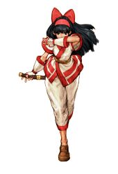 Rule 34 | 1girl, ainu clothes, arm up, black hair, bow, breasts, capcom, capcom vs snk, covering own mouth, curvy, elbow gloves, fingerless gloves, gloves, grey eyes, hair ribbon, highres, legs, long hair, looking at viewer, nakoruru, official art, pants, ribbon, samurai spirits, short sword, small breasts, snk, solo, sword, the king of fighters, thighs, traditional clothes, traditional media, walking, weapon