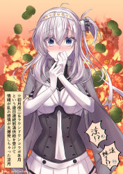 1girl black_sailor_collar blue_eyes blush bodysuit breasts dated explosion grey_hair hachimaki hair_between_eyes headband headgear highres kabocha_torute kantai_collection large_breasts long_hair looking_at_viewer miniskirt neckerchief nose_blush one_side_up open_mouth pleated_skirt pumpkin sailor_collar simple_background skirt suzutsuki_(kancolle) translation_request twitter_username white_bodysuit white_headband white_neckerchief white_skirt
