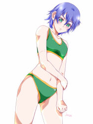 1girl ao_no_kiseki artist_name blue_hair breasts double-parted_bangs eiyuu_densetsu green_eyes hair_between_eyes midriff navel short_hair simple_background small_breasts solo sports_bra sully_atraid swimsuit white_background xiacheng_tatsuya zero_no_kiseki