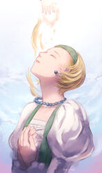 29000 2girls bead_necklace beads blonde_hair blue_background closed_eyes commentary_request cross-laced_clothes dragon_quest dragon_quest_xi earrings floating_neckwear gradient_background green_hairband green_vest hair_pulled_back hairband hands_on_own_chest highres jewelry juliet_sleeves long_sleeves multiple_girls necklace official_alternate_hair_length official_alternate_hairstyle out_of_frame parted_lips puffy_sleeves reaching reaching_towards_another senya_(dq11) shirt short_hair siblings sisters sphere_earrings tears twins twitter_username upper_body veronica_(dq11) vest white_background white_shirt