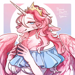 1girl blue_background blue_eyes body_fur commentary_request commission feathered_wings furry furry_female gradient_background hands_up hogara horns long_hair looking_at_viewer off_shoulder original pink_background pink_fur pink_hair pink_wings single_horn skeb_commission solo steepled_fingers tiara unicorn_girl unicorn_horn upper_body wings