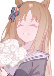 1girl absurdres animal_ears bouquet bow brown_hair closed_eyes ear_bow ear_ornament ear_ribbon flower grass_wonder_(umamusume) highres holding holding_bouquet horse_ears horse_girl long_hair long_sleeves open_mouth sailor_collar sailor_shirt shirt simple_background smile solo teeth umamusume uoca upper_body