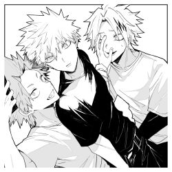Rule 34 | 3boys, arm up, bakugou katsuki, boku no hero academia, border, collarbone, commentary request, cowboy shot, crew neck, curtained hair, greyscale, grin, hair between eyes, hand on another&#039;s face, hand on another&#039;s wrist, highres, holding, holding phone, kaminari denki, kirishima eijiro, layered sleeves, long sleeves, looking at another, looking to the side, looking up, male focus, monochrome, multicolored hair, multiple boys, neminemisho, pants, phone, selfie, sharp teeth, shirt, short over long sleeves, short sleeves, sideways glance, smile, spiked hair, standing, streaked hair, t-shirt, taking picture, teeth, white background