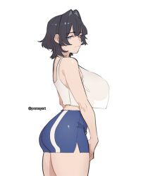 Rule 34 | 1girl, :3, absurdres, ass, bare arms, bare shoulders, black hair, blue eyes, blue shorts, breasts, closed mouth, commentary, cowboy shot, from side, hair between eyes, hair intakes, highres, hololive, hololive english, large breasts, looking at viewer, midriff, ouro kronii, pomuya, see-through silhouette, short hair, short shorts, shorts, simple background, skin tight, smile, solo, standing, tank top, twitter username, virtual youtuber, white background, white tank top