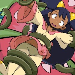 Rule 34 | 1girl, aliasing, breasts, constricted pupils, gen 1 pokemon, gomatarou (pixiv196136), imminent rape, iris (pokemon), knees together feet apart, long hair, looking at viewer, lowres, nintendo, pokemon, pokemon (creature), pokemon bw, purple hair, restrained, small breasts, thigh gap, venusaur, very long hair, wavy mouth