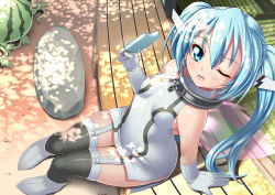 1girl ;o arm_support bare_shoulders black_thighhighs blush bodysuit boots breasts broken broken_chain chain choker collar dappled_sunlight double_vertical_stripe dress fairy_wings female_focus food food_bite from_above fruit garden garter_straps gloves green_eyes hair_between_eyes halterneck headgear holding ice_cream imoto_katsuyuki knee_boots long_hair looking_at_viewer looking_up mini_wings nymph_(sora_no_otoshimono) one_eye_closed outdoors parted_lips popsicle porch robot_ears rock short_dress side_slit sitting skin_tight sliding_doors small_breasts solo sora_no_otoshimono stone sunlight sweat sweatdrop tatami thigh_gap thighhighs tongue transparent_wings turtleneck twintails very_long_hair watermelon wavy_mouth white_boots white_gloves wings wooden_floor zettai_ryouiki