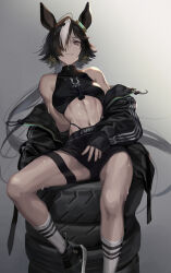 1girl abs absurdres animal_ears bare_shoulders black_jacket black_shoes black_shorts breasts commentary grey_background highres horse_ears horse_girl horse_tail jacket long_sleeves looking_at_viewer m2_(guvn5745) navel off_shoulder open_clothes open_jacket puffy_long_sleeves puffy_sleeves shoes shorts small_breasts socks solo tail umamusume vodka_(umamusume) wheel white_socks