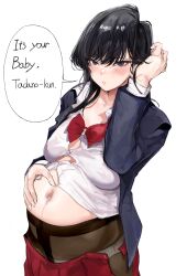 1girl absurdres black_hair blush breasts brown_pantyhose buttons english_text eyelashes grey_eyes hair_between_eyes hand_on_own_stomach hand_up highres jacket komi-san_wa_komyushou_desu komi_shouko linea_nigra long_hair long_sleeves mamimi_(mamamimi) maternity_pantyhose navel panties pantyhose parted_lips pregnant school_uniform shirt solo speech_bubble underwear white_shirt