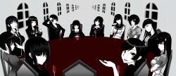 6+girls amagami atlach-nacha ayatsuji_tsukasa black_hair blunt_bangs breasts chair closed_mouth color_connection commentary_request crossover cup drinking_glass durarara!! enma_ai from_side ga-rei hagoromo_gitsune hair_color_connection hand_up hanekawa_tsubasa highres hirasaka_hatsune isayama_yomi jigoku_shoujo kagari_ayaka kaibutsu_oujo kampfer kamura_reiri kanoe_yuuko kill_la_kill kiryuuin_satsuki long_hair long_sleeves looking_at_viewer medium_breasts monochrome monogatari_(series) multiple_crossover multiple_girls nurarihyon_no_mago open_mouth own_hands_together red_eyes sangou_shizuku school_uniform serafuku short_hair short_sleeves sidelocks simadu-kazuhisa sitting small_breasts smile sonohara_anri spot_color tasogare_otome_x_amnesia upper_body window wine_glass witch_craft_works