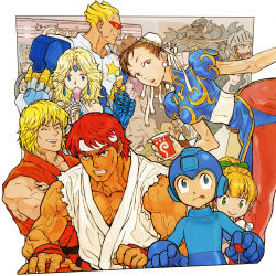 5girls 6+boys :o :q ^_^ armor arthur_(ghosts_&#039;n_goblins) beard bent_over blonde_hair blue_eyes bow bracelet brown_eyes brown_hair bun_cover capcom captain_commando captain_commando_(character) china_dress chinese_clothes chun-li circlet clenched_teeth closed_eyes company_connection controller crossover cup double_bun dress drink earrings facial_hair final_fight food green_eyes hair_bow hair_bun headband helmet hibiki_dan highres jewelry joystick ken_masters laughing lipstick looking_back lost_worlds_(game) makaimura makeup mega_man_(character) mega_man_(classic) mega_man_(series) multiple_boys multiple_crossover multiple_girls muscular nishimura_kinu official_art open_mouth pantyhose pink_hair playing_games poison_(final_fight) ponytail popsicle red_hair retro_artstyle robot roll_(mega_man) ryu_(street_fighter) sagat short_hair sir_arthur_(makaimura) sleeveless smile spiked_bracelet spikes spread_legs star_(symbol) street_fighter street_fighter_1 street_fighter_i sunglasses surprised sylphie tan teeth tongue tongue_out torn_clothes veins video_game