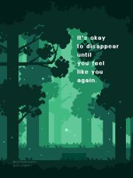 Rule 34 | atmospheric perspective, english text, forest, green theme, haze, highres, light particles, nature, no humans, onlypixeeels, original, outdoors, pixel art, scenery, tree, tree stump